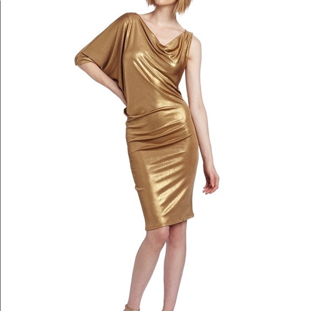 BCBG DRESS GOLD METALLIC DOLMAN BATWING COCKTAIL